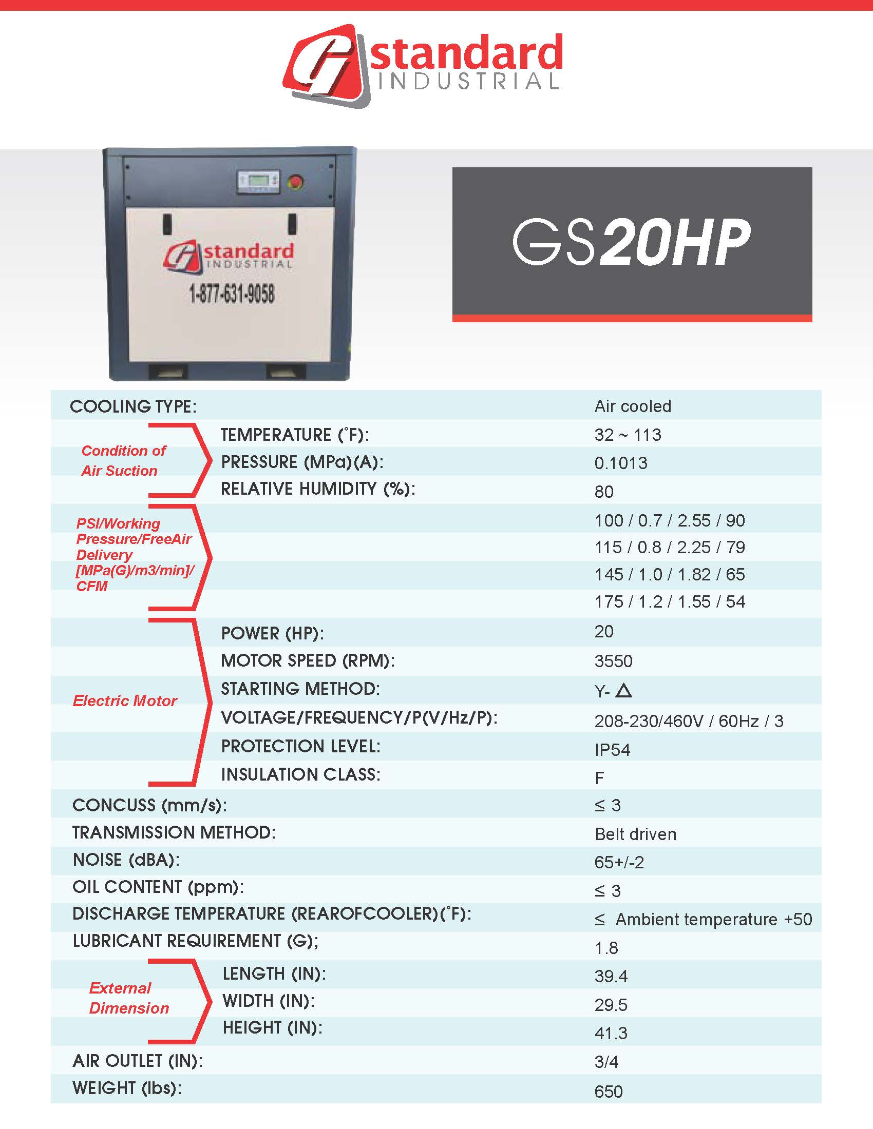 Technical specifications of a Standard Industrial GS20HP unit on a white background