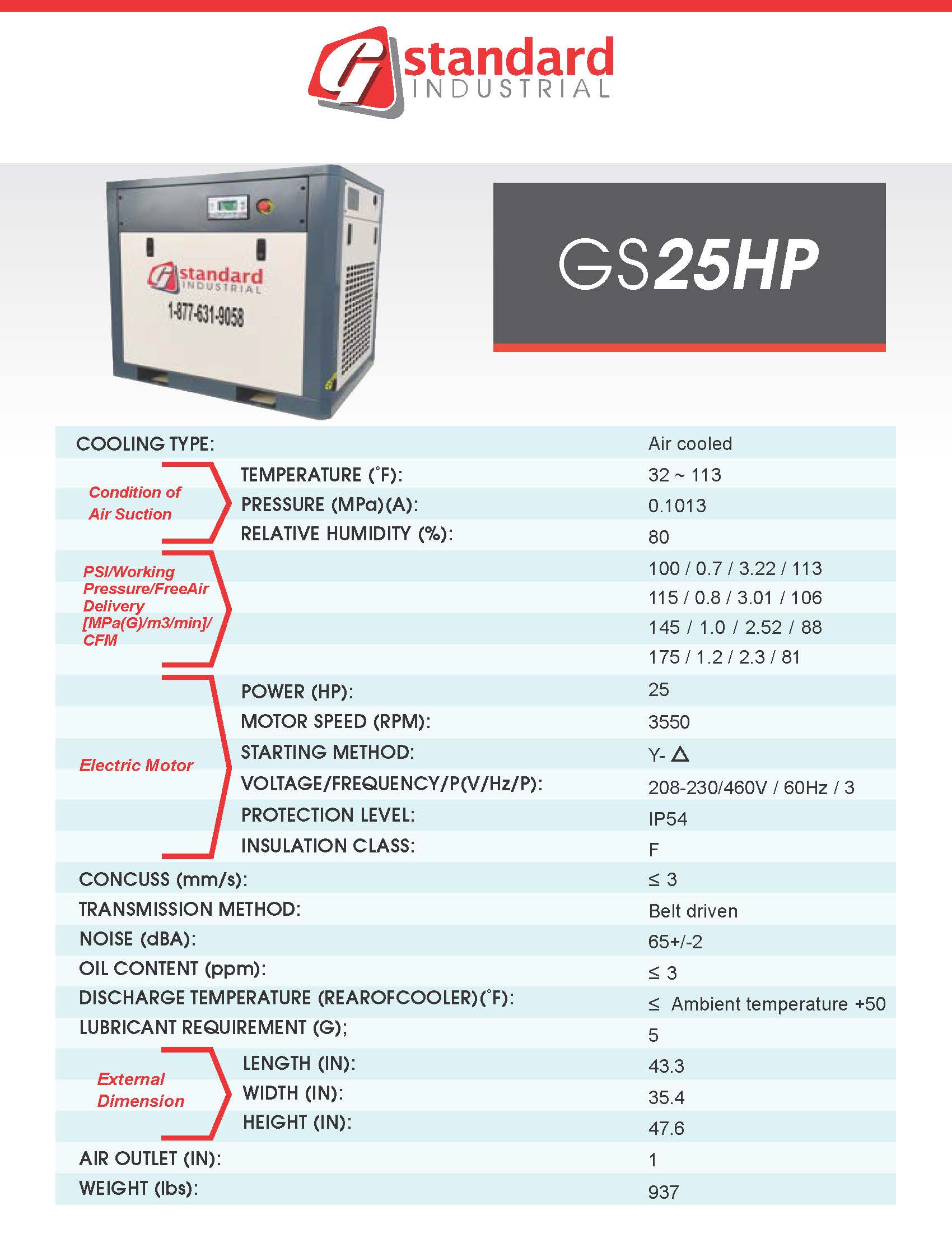 Technical specifications of a Standard Industrial GS25HP air conditioning unit on a white background.