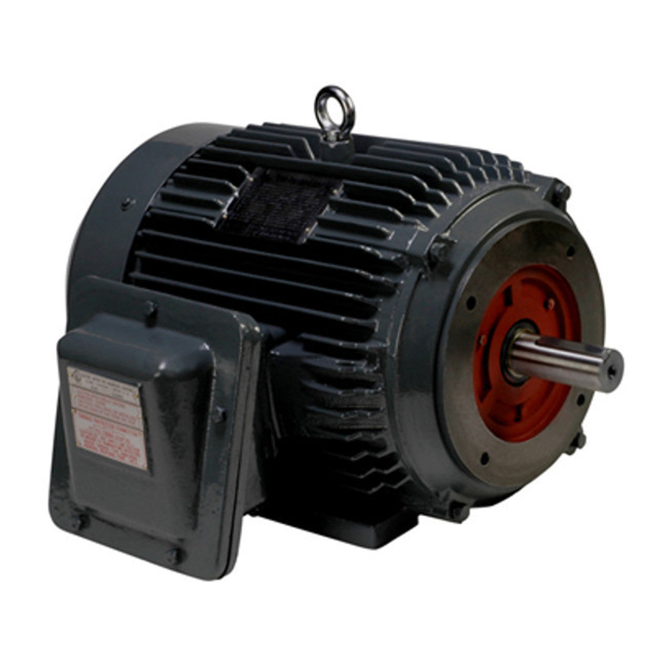 Black electric motor with red interior on a white background