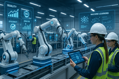 An example of AI in manufacturing. Highlights automated machines.
