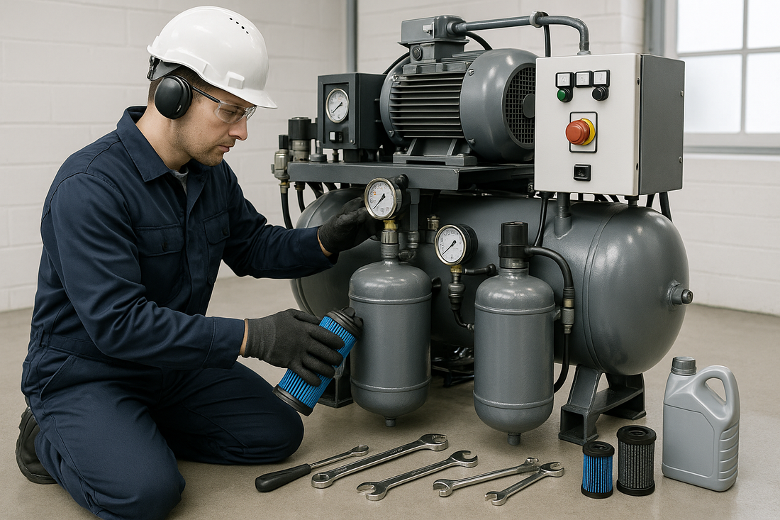 A person doing repairs on an air compressor