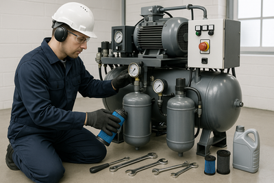 A person doing repairs on an air compressor