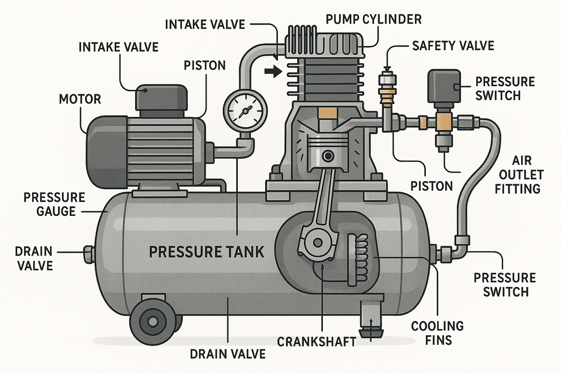 A diagram showing the parts of an air compressor