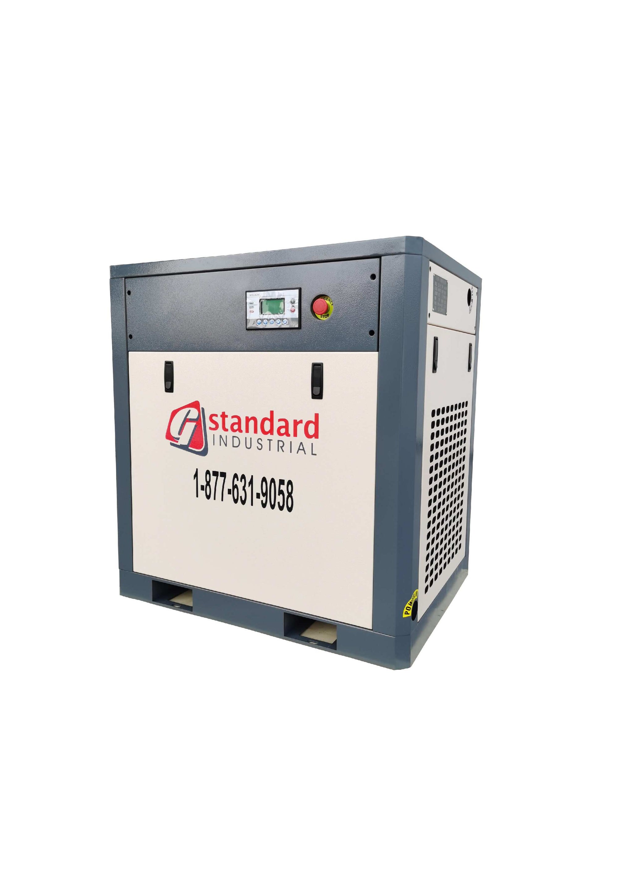 Industrial air compressor with Standard Industrial branding on a white background