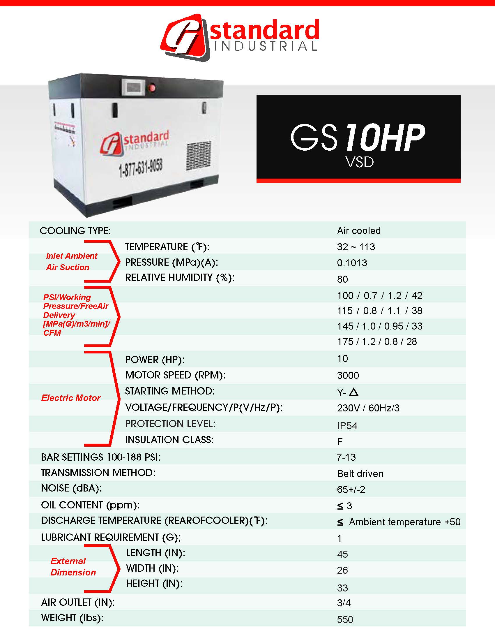 Technical specifications of a Standard Industrial GS 10HP VSD unit on a white background.
