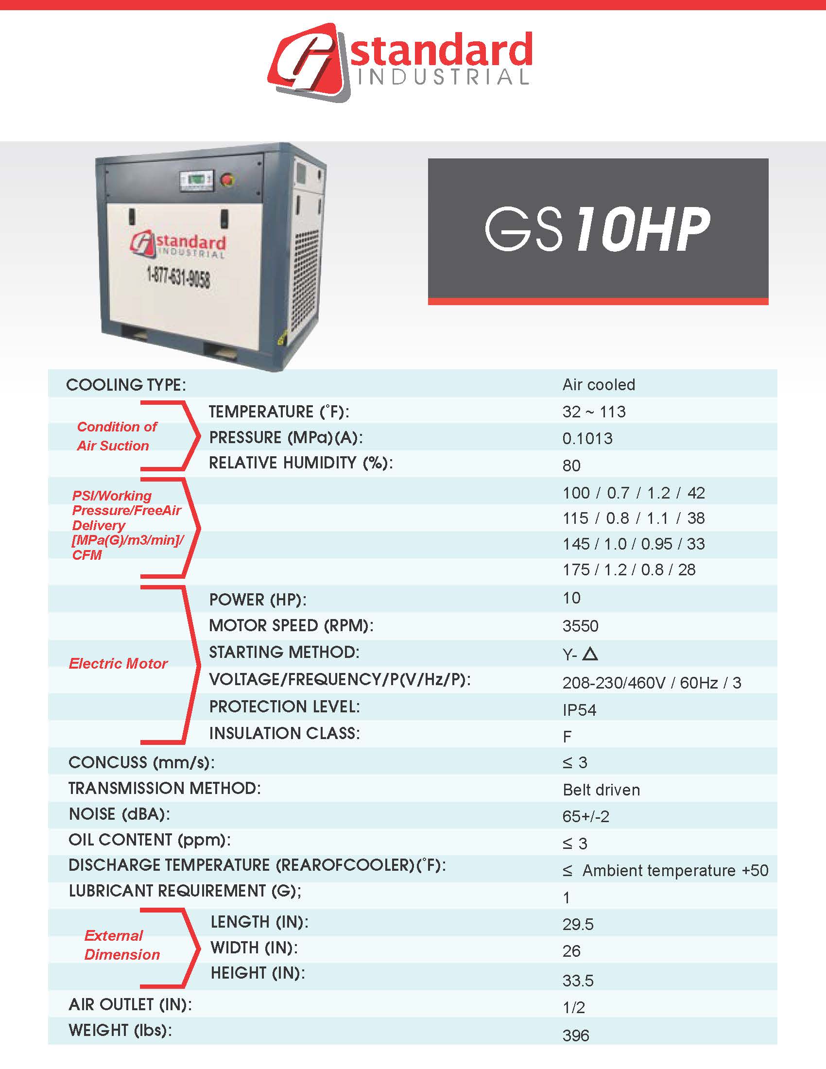 Technical specifications of a Standard Industrial GS 10HP air compressor on a white background.