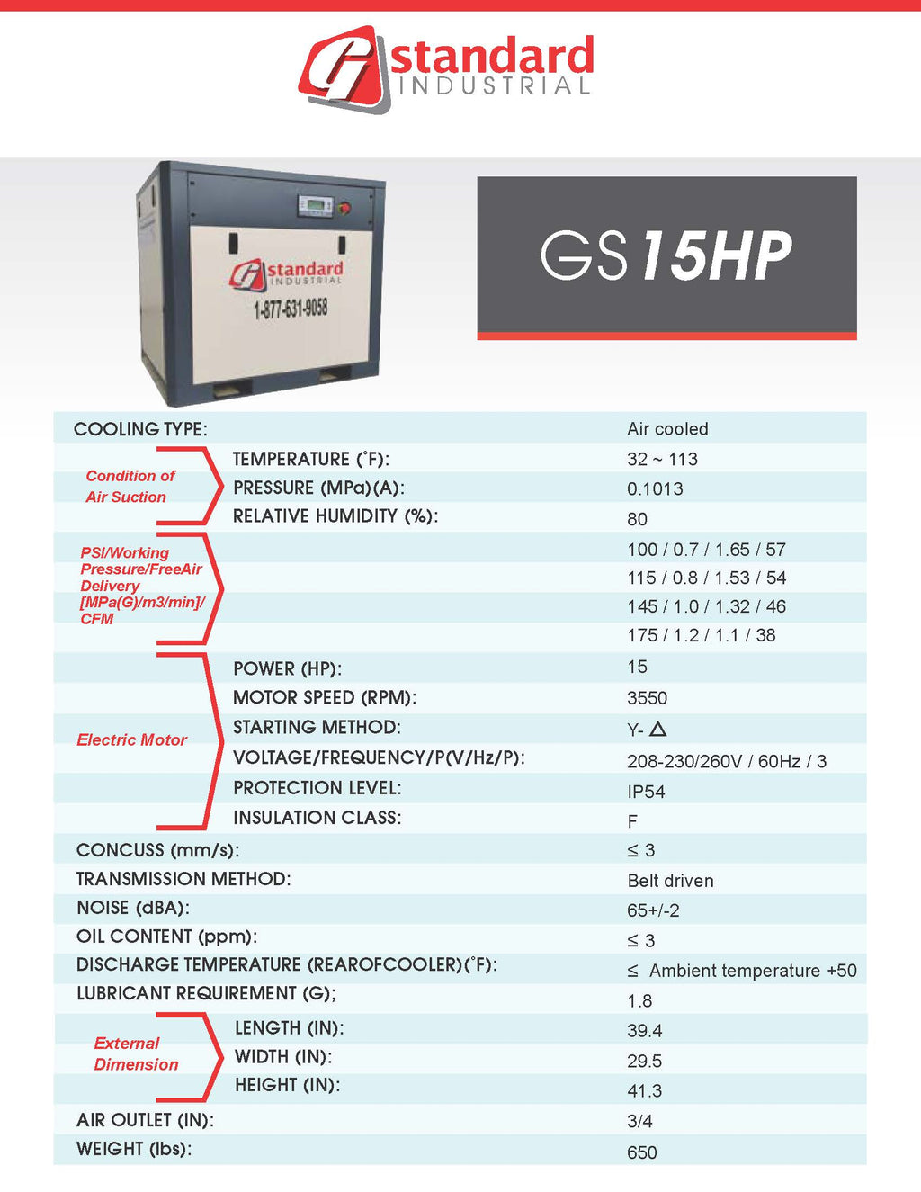 Technical specifications of a Standard Industrial GS 15HP unit on a white background