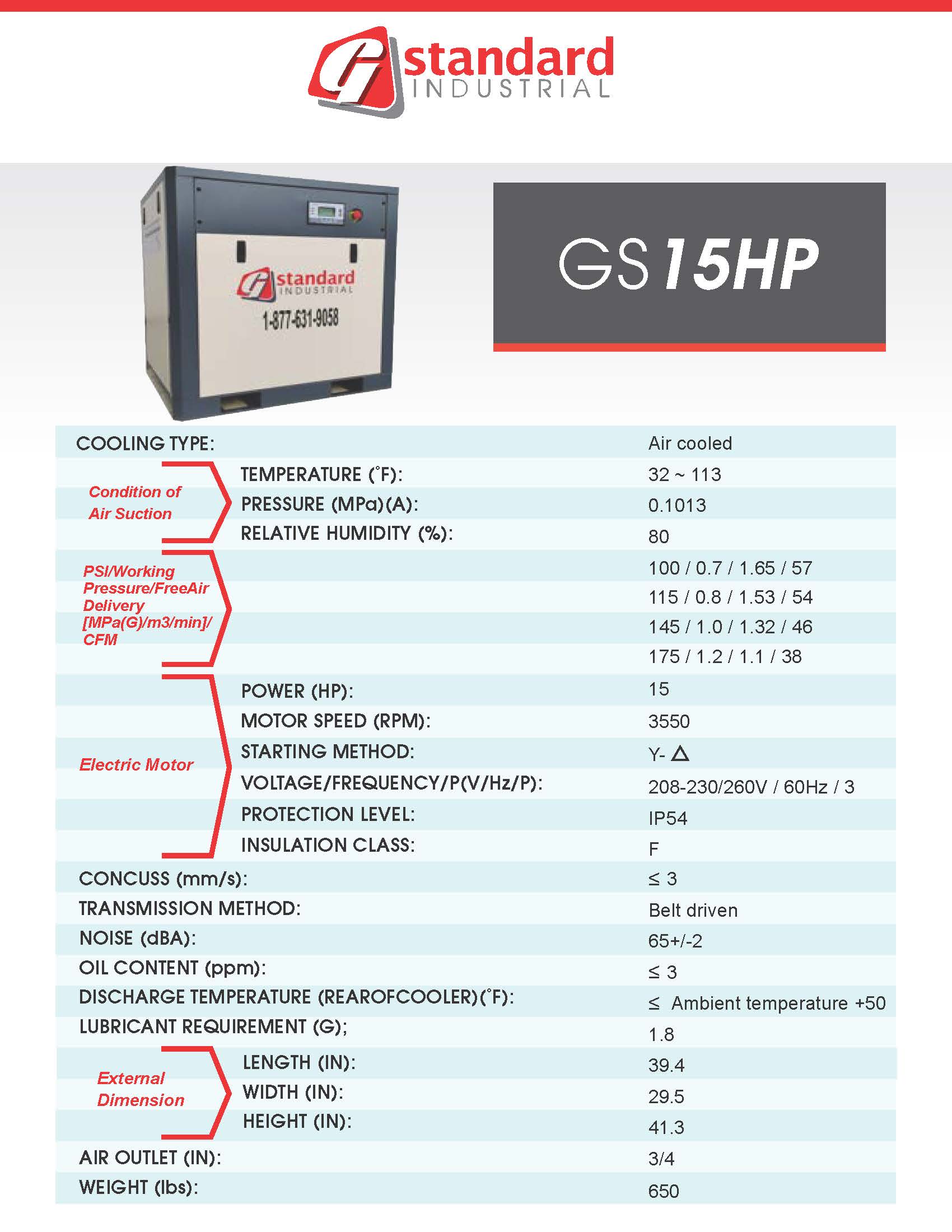 Technical specifications of a Standard Industrial GS 15HP unit on a white background