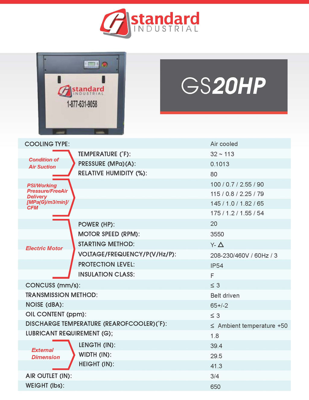 Technical specifications of a Standard Industrial GS20HP unit on a white background