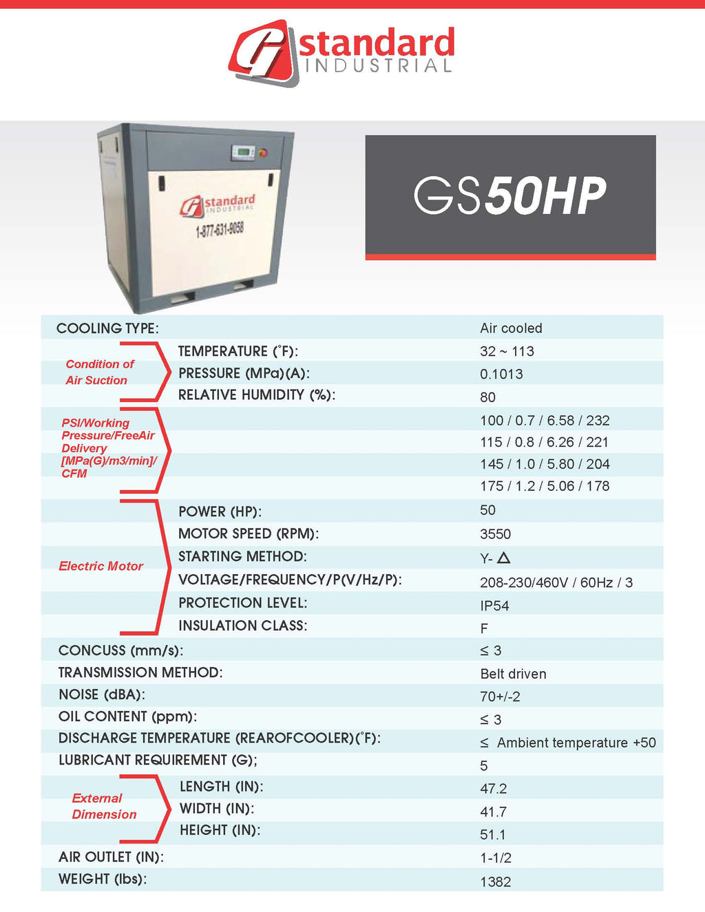 Technical specifications of a Standard Industrial GS50HP air conditioning unit on a white background.