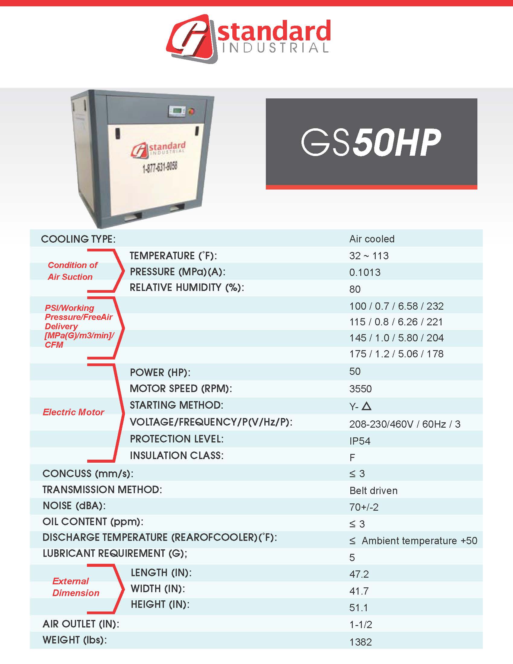 Technical specifications of a Standard Industrial GS50HP air conditioning unit on a white background.