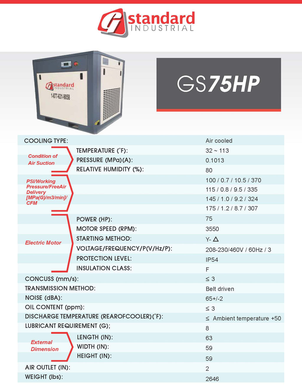 Technical specifications of a Standard Industrial GS75HP air conditioning unit on a white background.