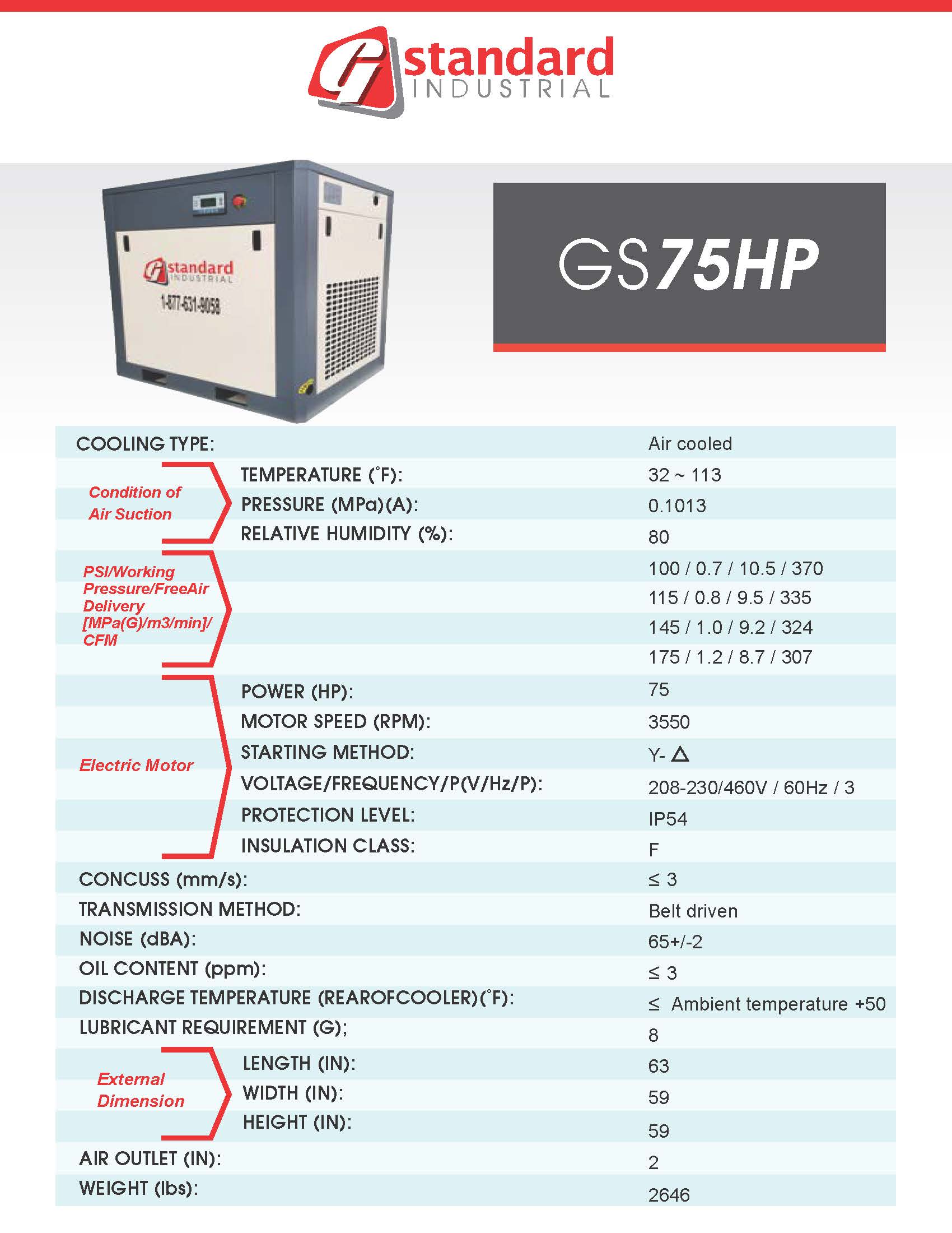 Technical specifications of a Standard Industrial GS75HP air conditioning unit on a white background.